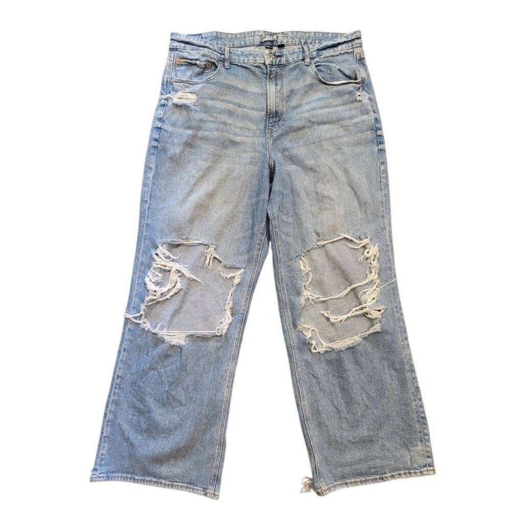 American Eagle Jeans Women's 18 Blue Curvy Super High Rise Baggy Straight Ripped